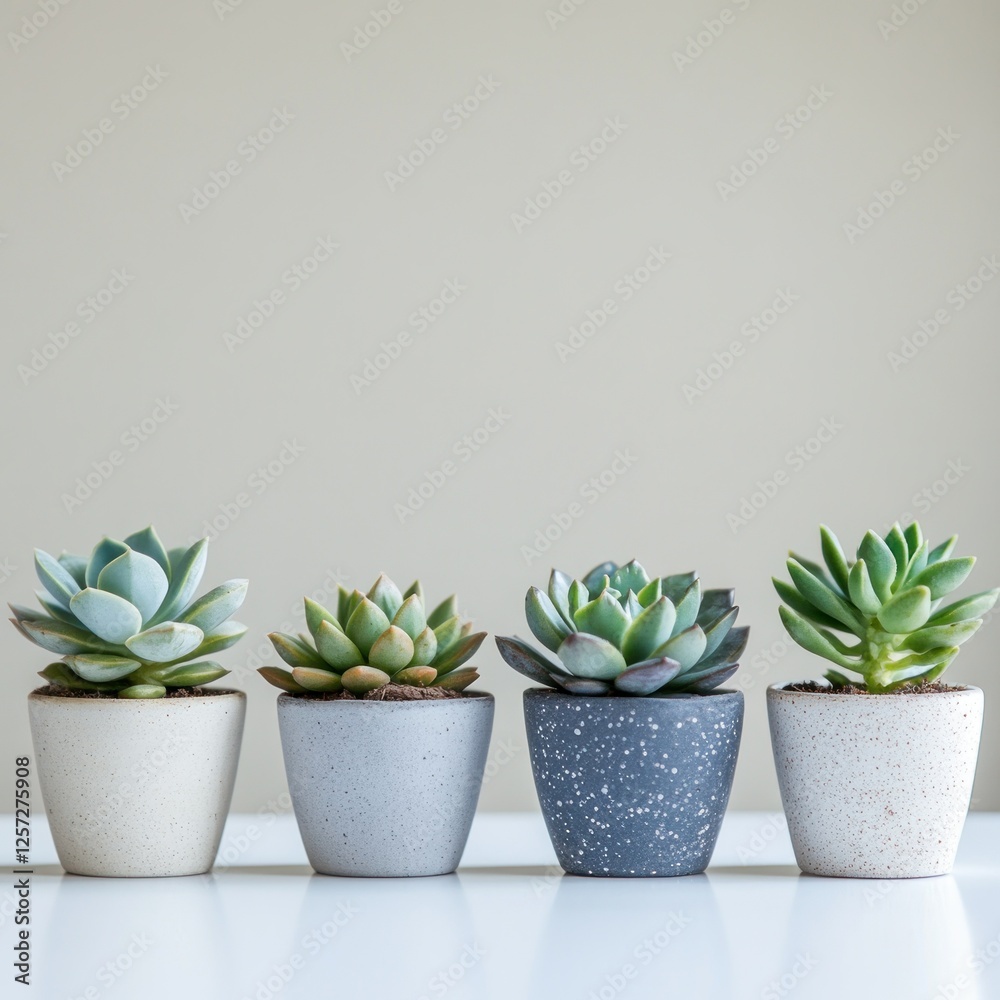Fototapeta premium Succulents in pots, minimalist display, neutral background, home decor