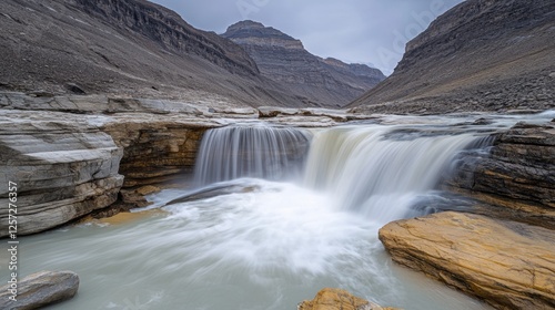 A wild, untamed waterfall in a remote mountainous region, surrounded by rugged terrain