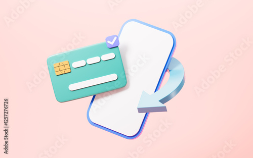 Cartoon bankcard and cellphone, mobile banking service, 3d rendering. photo