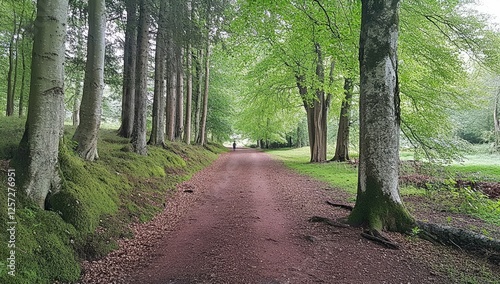 Person walking forest path, green trees, moss, nature, calm photo