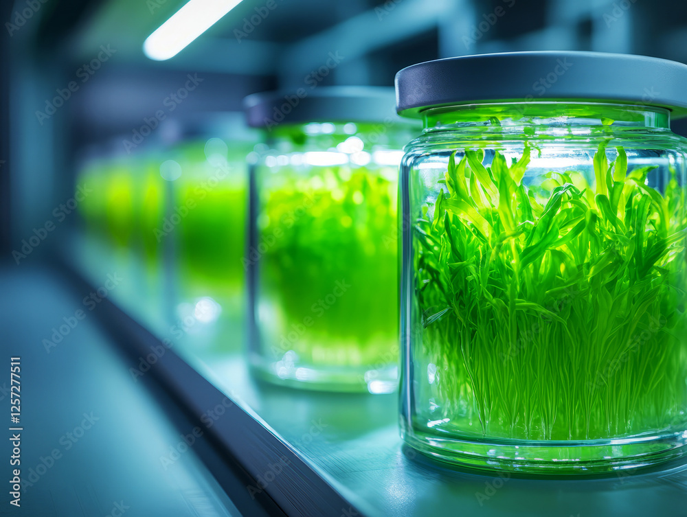 Glass jars filled with vibrant green sprouts illuminated by soft blue lighting in a modern setting Glass jars filled with vibrant green sprouts illuminated by soft blue lighting in a modern setting