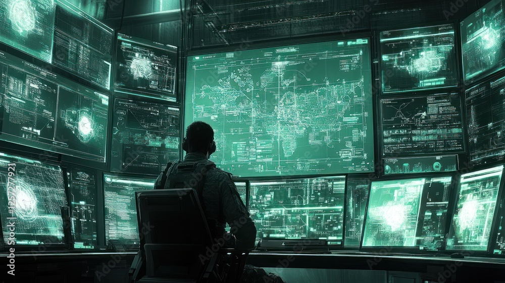 Fototapeta premium Soldier monitoring global network in command center