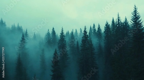 Pine trees rise dramatically from the ground, shrouded in fog with sunlight streaming through, creating an enchanting and mystical environment in the forest