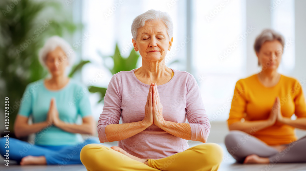 Senior Women Practicing Yoga in Serenity with Hands in Prayer Pose in Bright Studio Environment Senior Women Practicing Yoga in Serenity with Hands in Prayer Pose in Bright Studio Environment