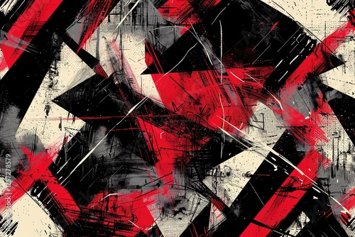 Abstract seamless grunge pattern. Urban art texture with neon lines, triangles, chaotic brush strokes, ink elements. Colorful graffiti vector background. Trendy design in red, black and gray color