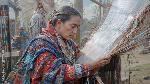 A scene of a Native American woman weaving a traditional blanket, with intricate patterns and vibrant colors photo