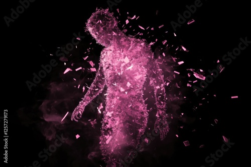 Pink energy figure in motion, particles trail behind.