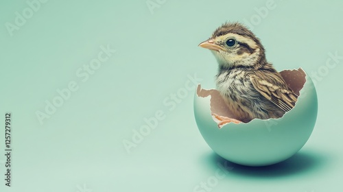 Newly hatched bird emerging from a broken blue egg