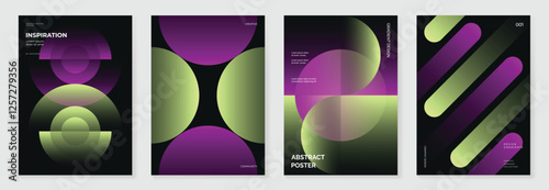 Modern gradient poster background vector set. Minimalist cover template with vibrant perspective geometric prism shapes in motion. Ideal design for social media, cover, banner, flyer.