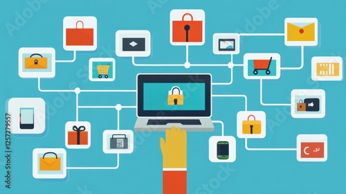 Secure online shopping network with a laptop and hand