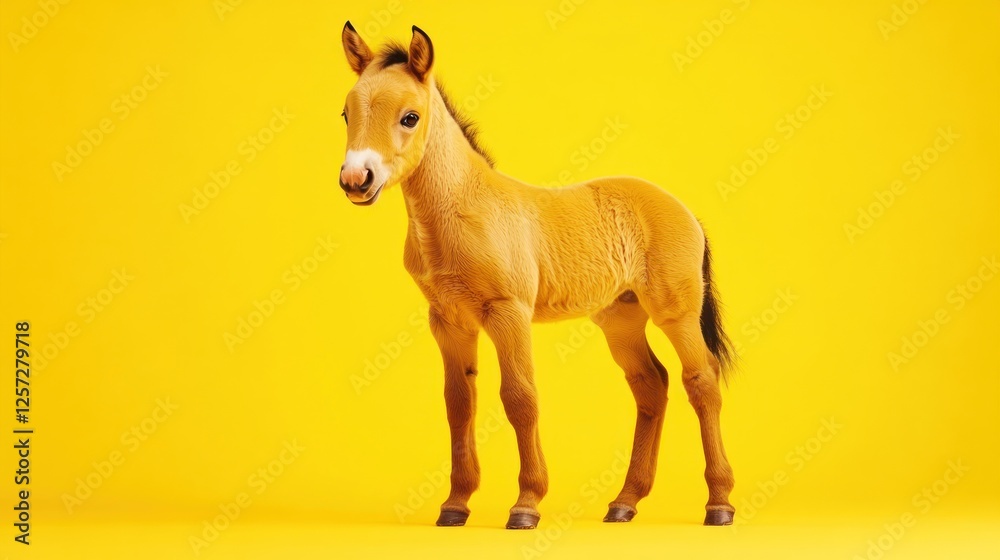 Cute golden foal stands against a bright yellow background Cute golden foal stands against a bright yellow background