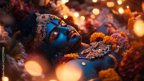 Hindu deity Vishnu reclines on a cosmic serpent, surrounded by divine attendants, adorned with intricate gold and blue garments illuminated by celestial light