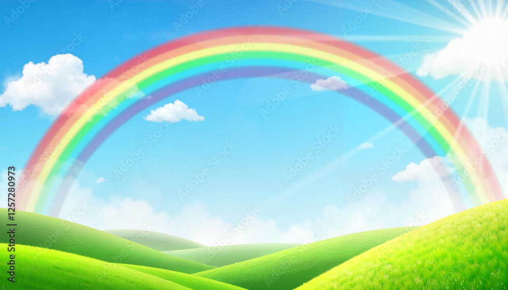 Vivid rainbow arching across blue sky over rolling hills, nature's beauty Vivid rainbow arching across blue sky over rolling hills, nature's beauty