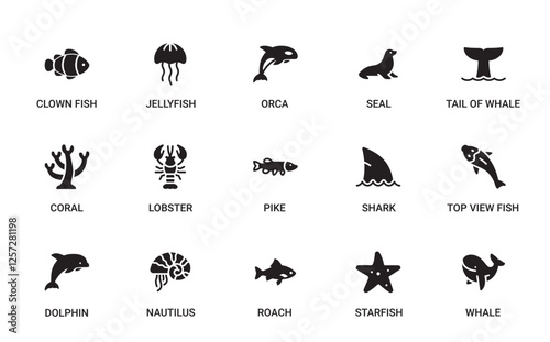 Sea Life Category Outline Pictogram Icons Set