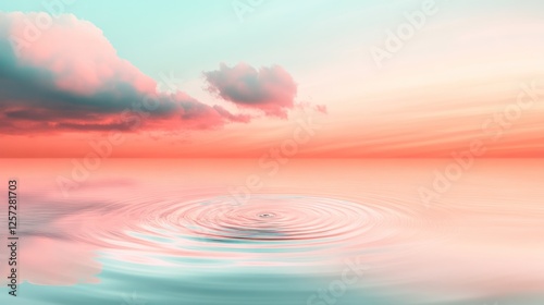 Serene sunset reflects rippled water with pastel sky and clouds photo