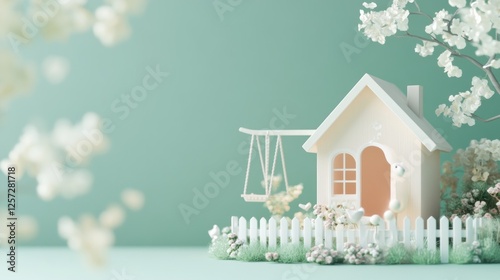 Miniature house with a swing and flowering trees around it photo