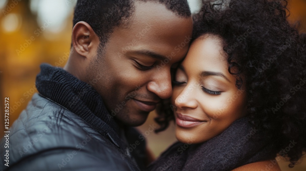 Happy African American Couple Embracing Outdoors in Autumn Happy African American Couple Embracing Outdoors in Autumn
