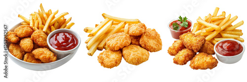 Set of A close-up shot of a paper plate piled high with crispy golden French fries and golden-brown chicken nuggets on transparent png background. Ai generated