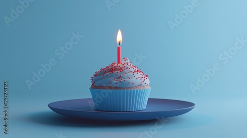 Single blue cupcake with candle on plate, pastel background, celebration photo