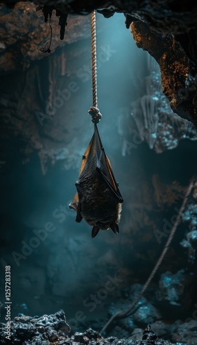 Bat hanging in a cave, suspended from a rope. Dark, mysterious atmosphere. photo