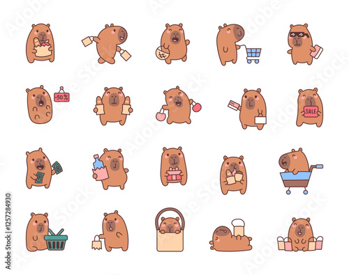 Capybara shopping set with adorable characters holding bags, carts, bottle, money, gift, and other items in funny and cheerful poses for your creative cartoon illustrations