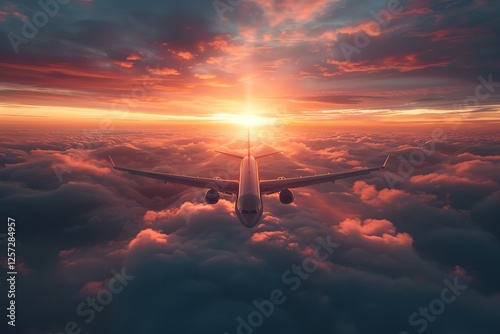 Commercial airplane flying above cloudscape in dramatic toned sunset light