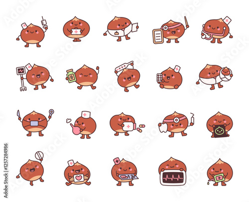 Set of chestnut doctor and nurse characters in a variety of medical roles, using tools like syringe, stethoscope, thermometer, and pills, cute cartoon style for creative projects.