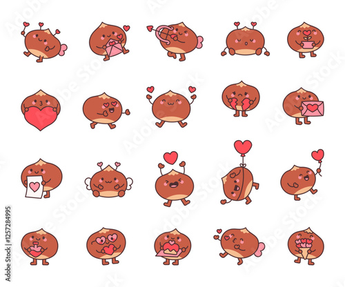 Set of charming chestnut valentines day characters celebrating love with hearts, wings, balloons, bouquet, and romantic gestures for joyful and heartfelt moments for yours design projects