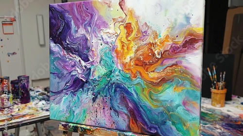 Abstract acrylic pour painting on canvas in studio setting. Possible use for art prints, home decor photo