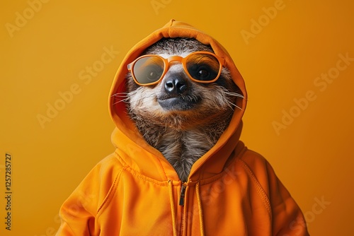 cool sloth in an orange hoodie and trendy sunglasses poses confidently against a bright yellow background