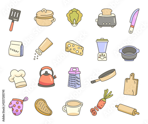 Kitchen cooking set with cute outline illustration of utensils, cookware, appliances, and food items for meal preparation, baking, and culinary fun at home for yours creative project.