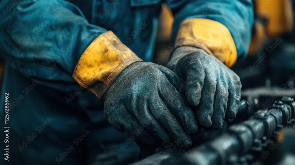 Fototapeta premium A close-up of hands wearing gloves, working on machinery, emphasizing the importance of safety and craftsmanship in industrial settings.