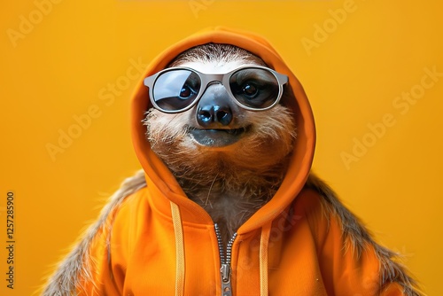cool sloth in an orange hoodie and trendy sunglasses poses confidently against a bright yellow background