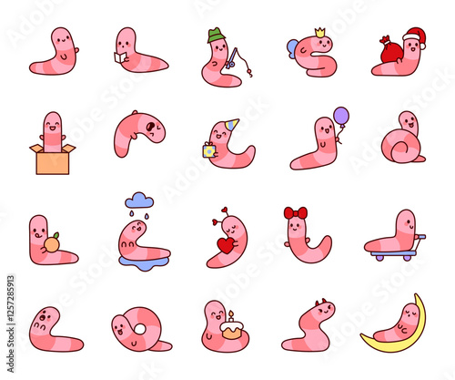 Adorable worm character set showcasing cheerful emotions, playful activities, festive celebrations, exciting adventures, and delightful expressions in a charming cute kawaii cartoon style.