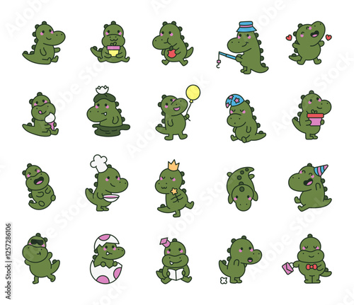Cute crocodile character set showing different emotions, funny expressions, various accessories, and charming objects in pretty kawaii cartoon style for yours creative illustration