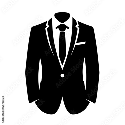 Formal Attire Icon: A classic black and white silhouette of a suit with a tie, ideal for representing professionalism, business, and style. It symbolizes sophistication, formality, and success.