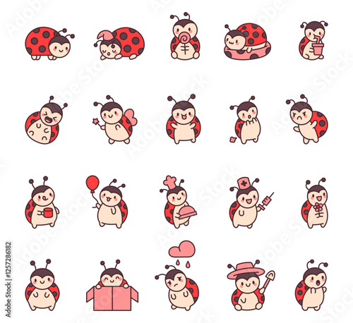 Ladybug character set demonstrating cute emotions and actions, from smiling and laughing to using magic, cooking, gardening, and enjoying various charming moments in a cute cartoon style.