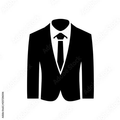 Suit and Tie Icon: A bold black and white illustration of a formal suit jacket with a tie, symbolizing professionalism, elegance, and success. Ideal for presentations, business cards, and websites. 