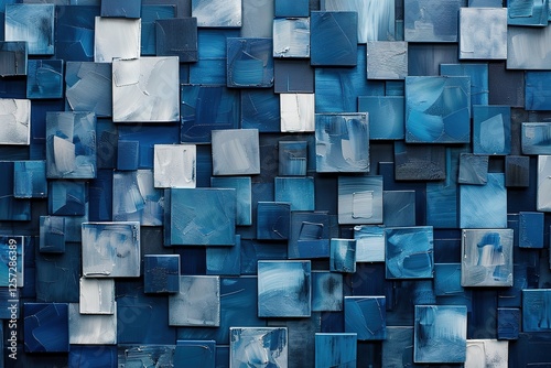 Dark blue white pattern. Chaotic. Geometric shape background for design. Squares, rectangles or block. Seamless. Abstract. Mosaic, collage. Web banner. Wide. Long