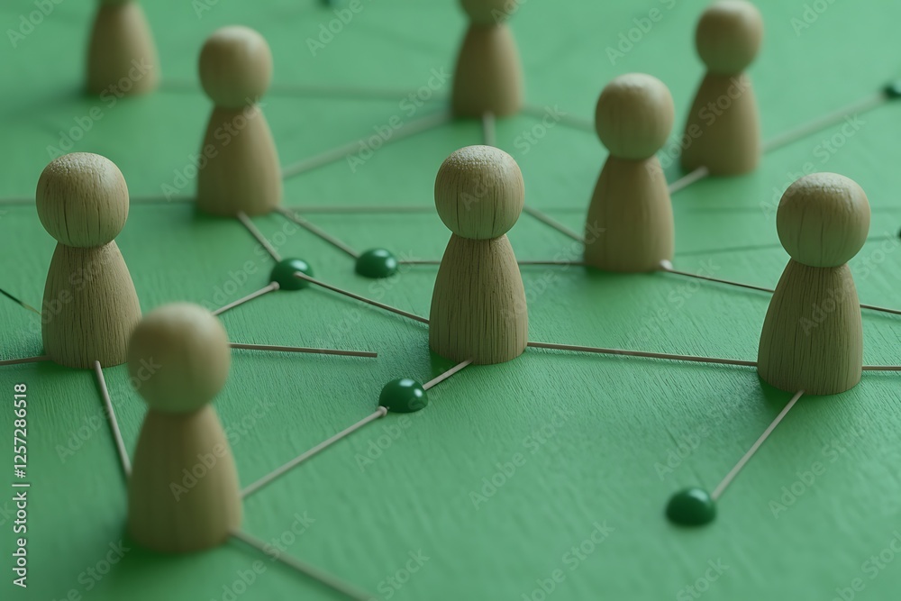 Obraz premium Wooden figures connected by lines on a green background, symbolizing a network of people.