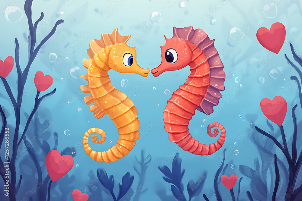 Fototapeta premium Two colorful seahorses face each other in a vibrant underwater scene filled with hearts and bubbles