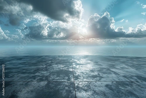 Dark Concrete Floor Background Infinite Horizon Sky Panoramic Scene