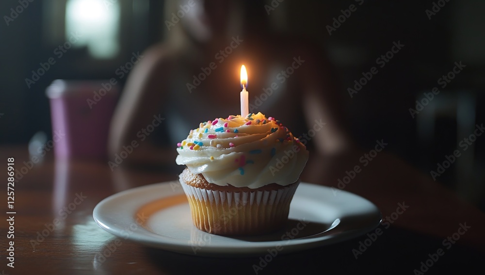 Single Candlelit Cupcake with Sprinkles: A Sweet Celebration, Delightful Treat on a Plate, Delicious Dessert, Festive Baking, Yummy Food Photography Single Candlelit Cupcake with Sprinkles: A Sweet Celebration, Delightful Treat on a Plate, Delicious Dessert, Festive Baking, Yummy Food Photography