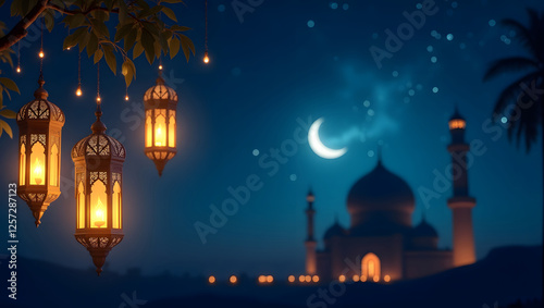 islamic lantern glow in night ramadan background