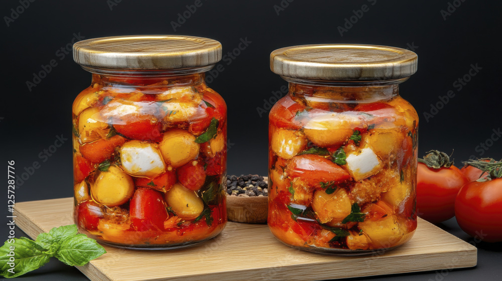 Delicious jars of marinated vegetables with vibrant colors and herbs Delicious jars of marinated vegetables with vibrant colors and herbs