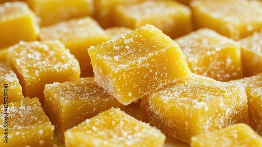 Close-up of many small, square, yellow, sugared, candies. Close-up of many small, square, yellow, sugared, candies.