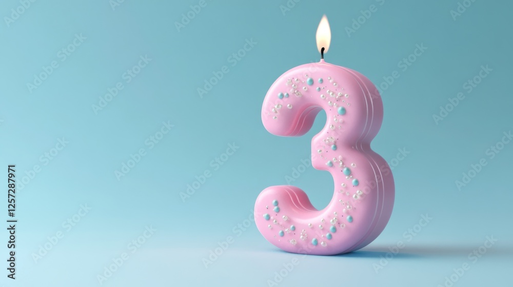 Pink number three birthday candle, pastel background Pink number three birthday candle, pastel background