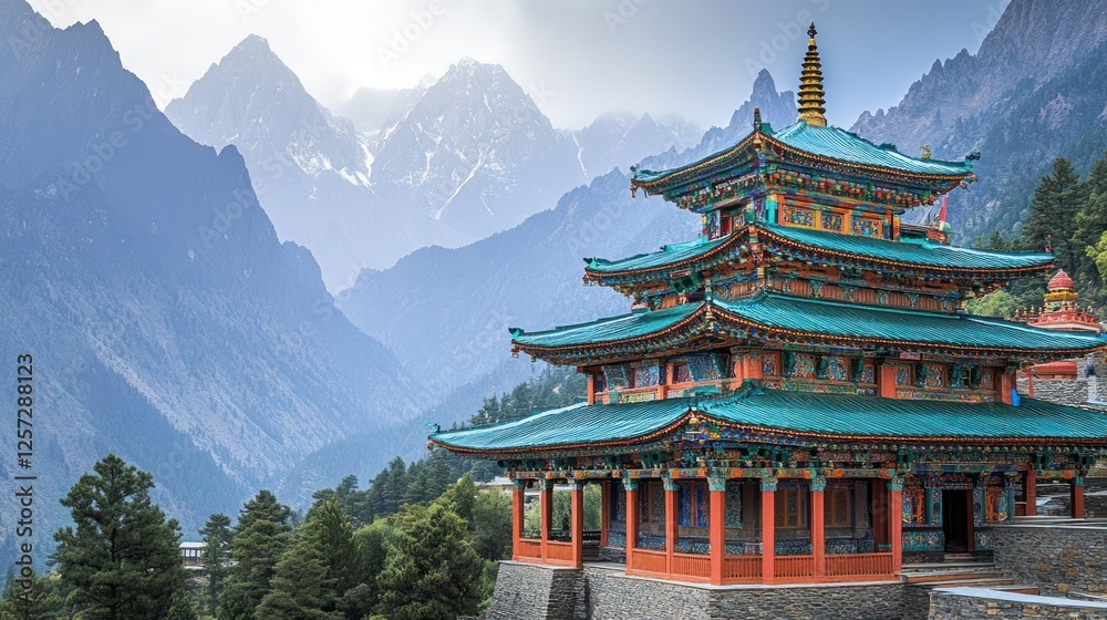 A beautifully ornate pagoda stands against a majestic mountain backdrop A beautifully ornate pagoda stands against a majestic mountain backdrop