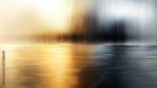Metallic surface reflects an ethereal liquid in golds and grays