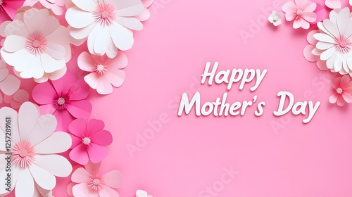 "Happy Mother's Day" in Pink Color Scheme with Pink Background and Paper Cut Flowers, High Resolution, High Quality, High Detail, Professional Photography